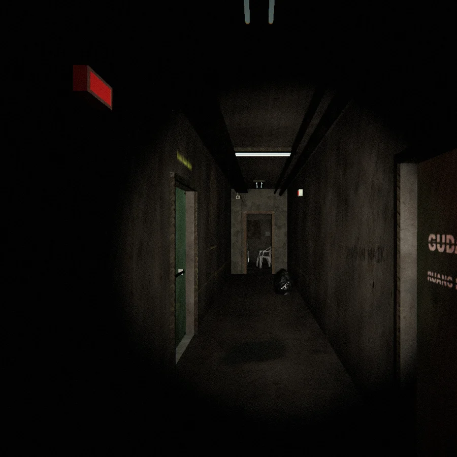 A dark mall service corridor under a red neon Plaza Sentosa sign